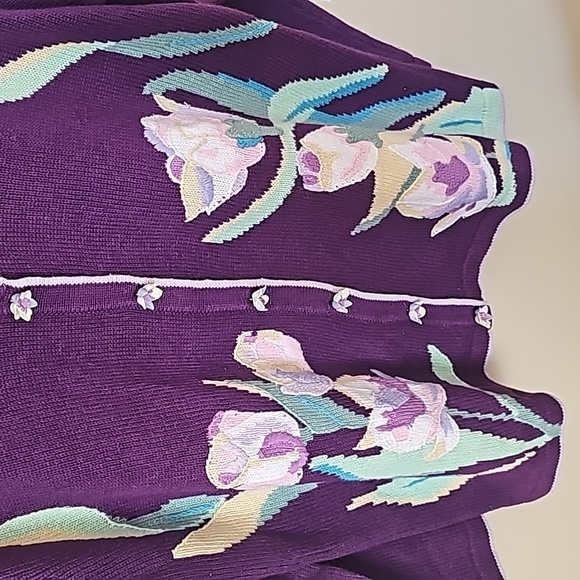 Storybook Knits Vtg 90's Purple Floral Cardigan Sz L EUC - Picture 2 of 8